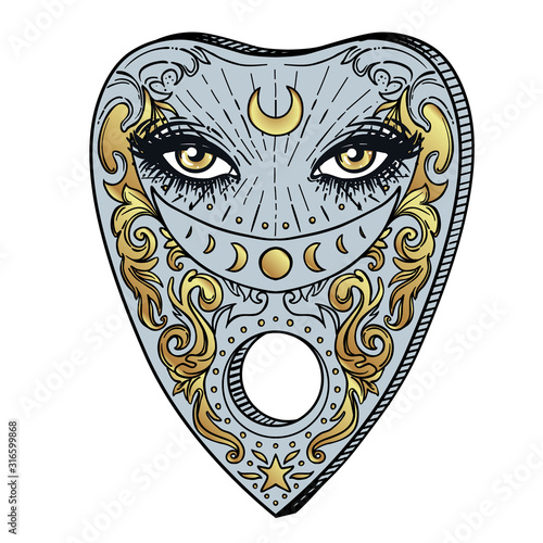 Heart-shaped planchette for spirit talking board. Vector isolated illustration in Victorian style. Mediumship divination equipment. flash tattoo drawing. Alchemy, religion, spirituality, occultism.