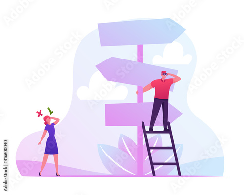 Business Challenge and Task Solution Choice Way Concept with Businessman and Businesswoman Stand on Crossroad Fork Pointer Making Decision what Road Direction Choose. Cartoon Flat Vector Illustration