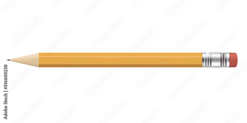 Realistic yellow pencil sharpened with a red eraser. Back to school, university or college vector design. Isolated pencil on pure white background. Yellow wooden classic yellow pencil Realistic yellow pencil sharpened with a red eraser. Back to school, university or college vector design. Isolated pencil on pure white background. Yellow wooden classic yellow pencil