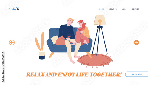 Love Flirt Sparetime Website Landing Page. Young Loving Couple Spend Time at Home Sitting on Couch Drinking Wine with Cat nearby on Weekend Web Page Banner. Cartoon Flat Vector Illustration, Line Art