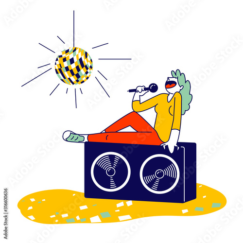 Woman Sitting on Huge Dynamics on Stage Holding Microphone and Singing Song at Karaoke Bar or Night Club. Entertainment Leisure and Recreation Hobby Concept. Cartoon Flat Vector Illustration, Line Art