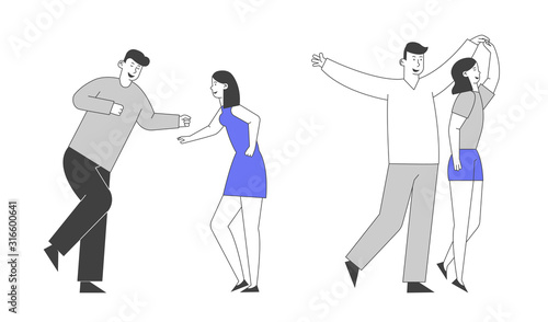 Young Girl and Man Couple Visiting Night Club Dancing Holding Hand . Friends Having Fun Leisure, People Nightlife Clubbing, Active Hobby Recreation, Leisure Cartoon Flat Vector Illustration, Line Art