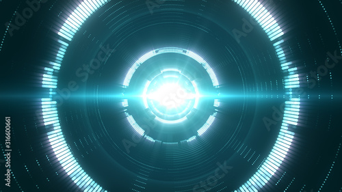 Abstract digital tunnel with a burst light in the center. Creative futuristic background with bright circles.