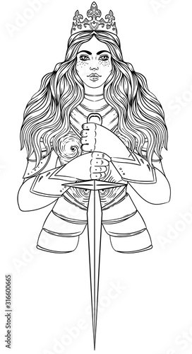 Portrait of beautiful girl with a sword and crown. Female knight in armour. Vector illustration. Medieval aesthetics. Girl power. Joan of Arc inspired. Sticker, patch, t-shirt print, logo design.