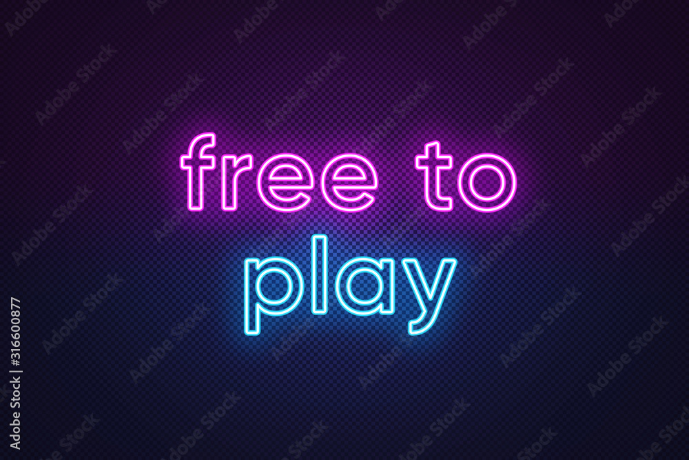 Neon text Free to play, purple and blue color. Business model in video games industry with main content without paying