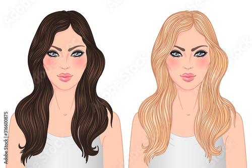 Two vector woman, blonde and brunette with long hair isolated on white. Young Caucasian girls. Can be used as a face chart or for hairdressers.