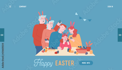 Happy Family Prepare for Easter Holiday Celebration Website Landing Page. Parents, Grandparents and Little Girl in Rabbit Ears Painting Eggs Web Page Banner. Cartoon Flat Vector Illustration, Line Art