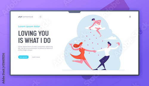 Love Relations Website Landing Page. Happy Loving Couple Sparetime. Man and Woman Characters Spend Time Together Dancing Cupid Throw Hearts from Sky Web Page Banner. Cartoon Flat Vector Illustration