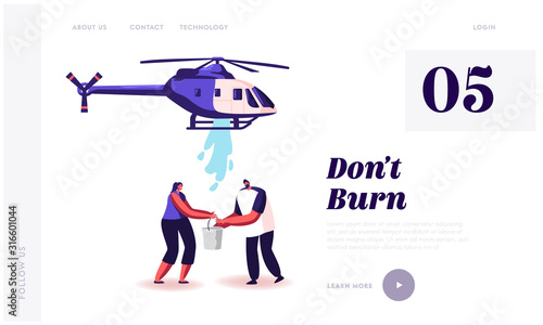 Human Responsibility and Nature Protection Website Landing Page. Man and Woman Volunteers Bringing Water in Buckets, Firefighters Working on Helicopter Web Page Banner Cartoon Flat Vector Illustration