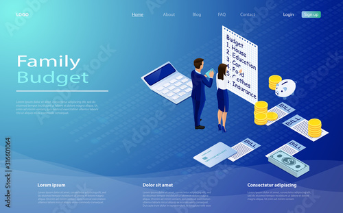 Family budget income distribution planning isometric vector illustration. landing page family budget with couple calculating monthly income taxes savings expenses. Family budget concept