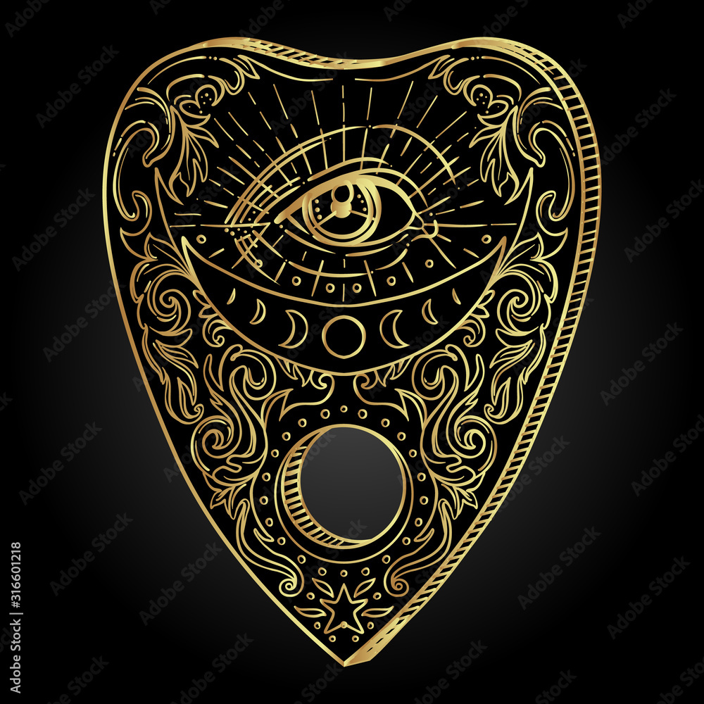 Heartshaped planchette for spirit talking board. Vector isolated
