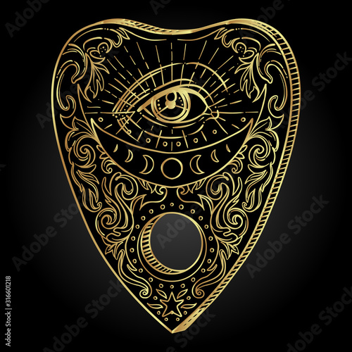 Heart-shaped planchette for spirit talking board. Vector isolated illustration in Victorian style. Mediumship divination equipment. flash tattoo drawing. Alchemy, religion, spirituality, occultism.