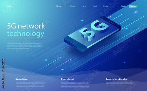 5G network wireless technology. Isometric futuristic hi-tech smartphone with big letters. Landing page design for wireless technology 5g. 5G network wireless with high speed connection.