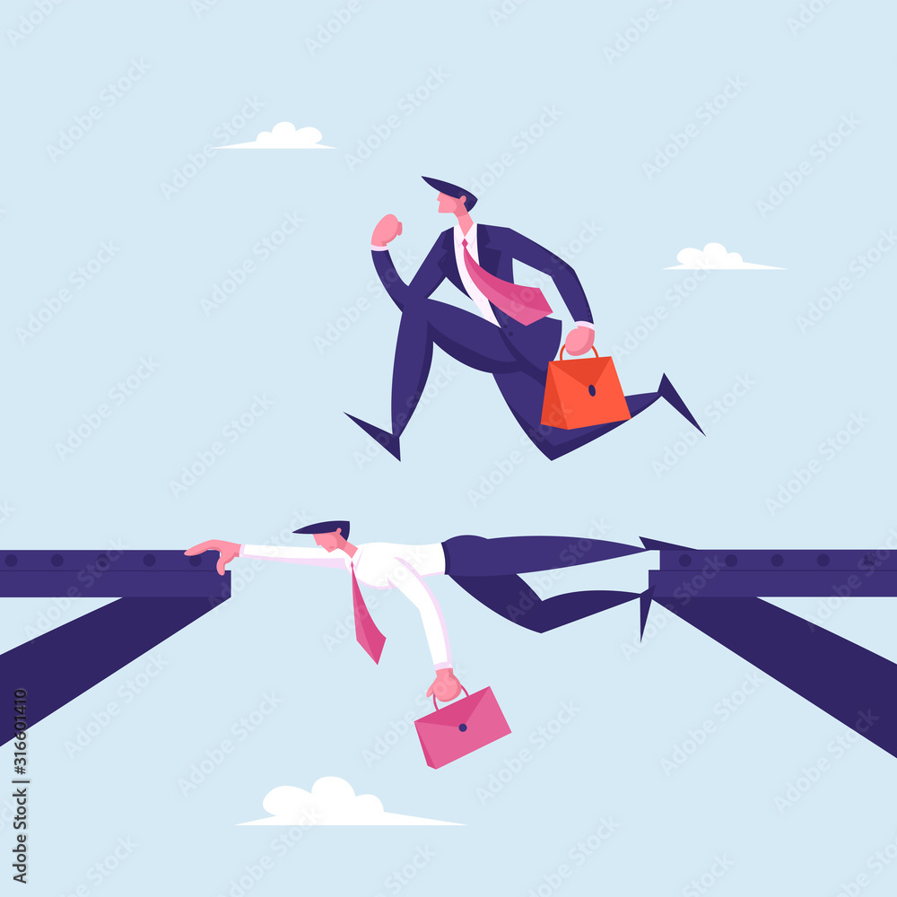 Fototapeta premium Business Man Careerist, Social Climber with Brief Case Running over Head of Businessman Colleague Like on Bridge. Leadership Challenge, New Opportunity Success Concept Cartoon Flat Vector Illustration