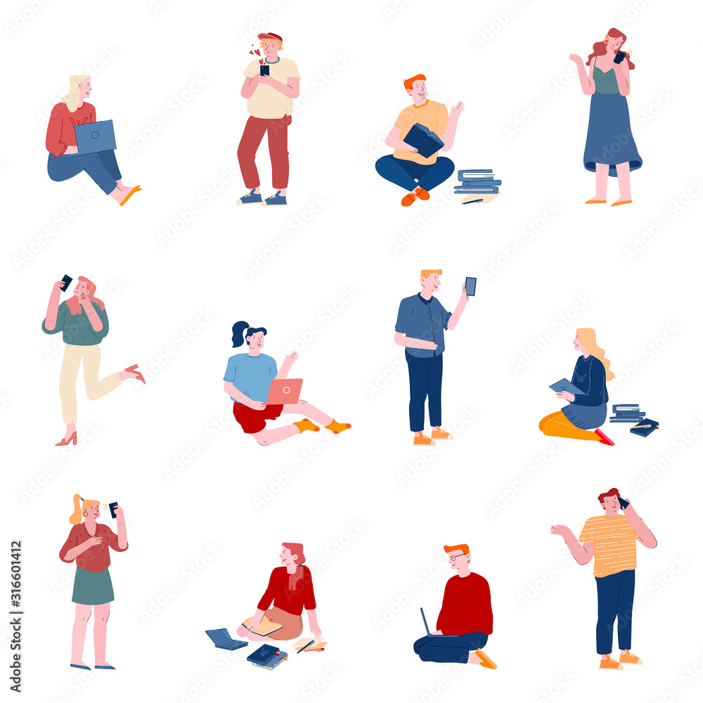 Set of Teenagers, Young People Studying, Using Gadgets Isolated on White Background. Girls and Boys with Laptops, Smartphones and Books Learning Communicating Cartoon Flat Vector Illustration Line Art Set of Teenagers, Young People Studying, Using Gadgets Isolated on White Background. Girls and Boys with Laptops, Smartphones and Books Learning Communicating Cartoon Flat Vector Illustration Line Art