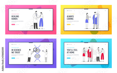 Seasonal Sickness, Dna Science, Health Care Website Landing Page Set. Sick Person Has Cold. Treatment with Medicine and Hot Drink, Genetics Web Page Banner. Cartoon Flat Vector Illustration, Line Art