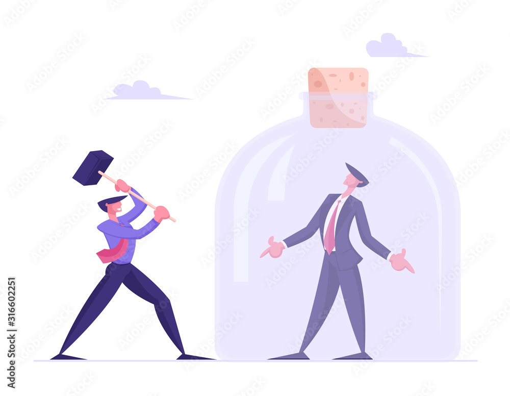 Work Problems, Social Isolation Concept. Businessman Trying to Help Colleague Sitting inside of Closed Jar Hitting Glass with Huge Hammer. Stressed Situation, Escape Cartoon Flat Vector Illustration