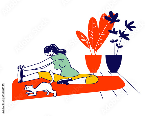 Young Woman Sitting on Floor with Cat in Room Interior Doing Stretching Exercises for Healthy Body. Fitness and Sports Activity at Home, Gymnastics Workout. Cartoon Flat Vector Illustration, Line Art