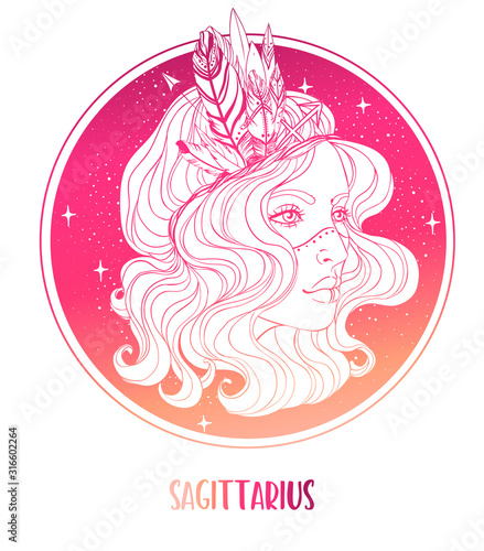 Illustration of Sagittarius astrological sign as a beautiful girl. Zodiac vector illustration isolated on white. Future telling, horoscope, alchemy, spirituality, occultism, fashion woman.