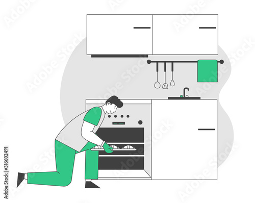 Man at Household Activities. Male Character Cooking Bakes Put Raw Buns into Oven on Kitchen, Culinary Experience, Housekeeping Management, Duties and Chores Cartoon Flat Vector Illustration, Line Art