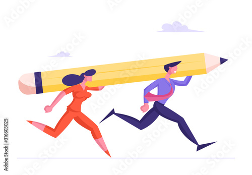 Businesswoman and Businessman Carry Huge Pencil on Shoulders Racing to Success. Business Competition, Creative Idea, Project Planning and Office Daily Routine Concept Cartoon Flat Vector Illustration
