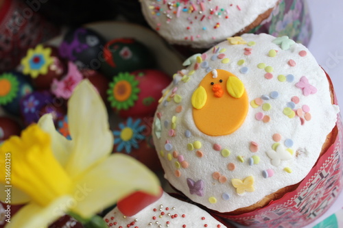 Happy Easter day! Easter cakes and  Easter eggs for gourmet celebration