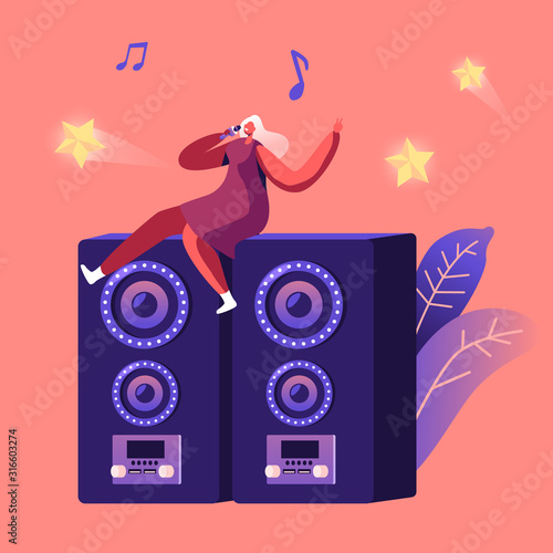 Entertainment Leisure and Recreation Hobby Concept. Cheerful Woman Sitting on Huge Dynamics on Stage Holding Microphone and Singing Song at Karaoke Bar or Night Club. Cartoon Flat Vector Illustration