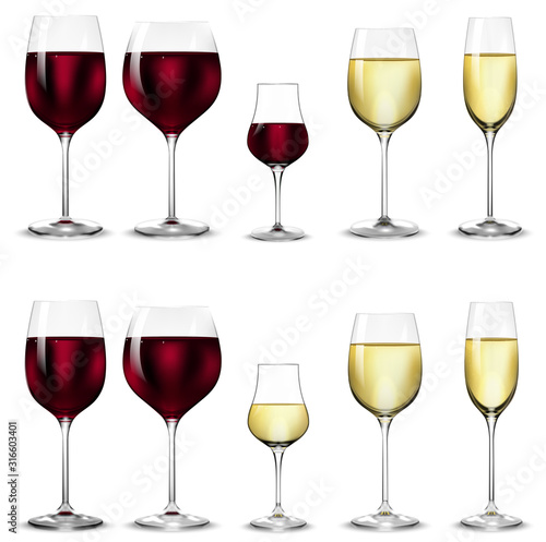 Full and empty glasses for white and red wine.