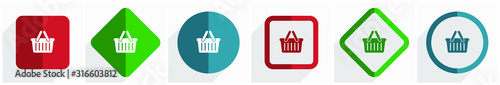 Shopping basket icon set, flat design vector illustration in 6 options for webdesign and mobile applications in eps 10