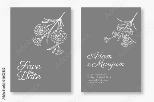 set modern floral outline hand drawn luxury wedding invitation design or card templates for wedding or fashion or greeting with carnation flower texture elegant background bundle vector illustration