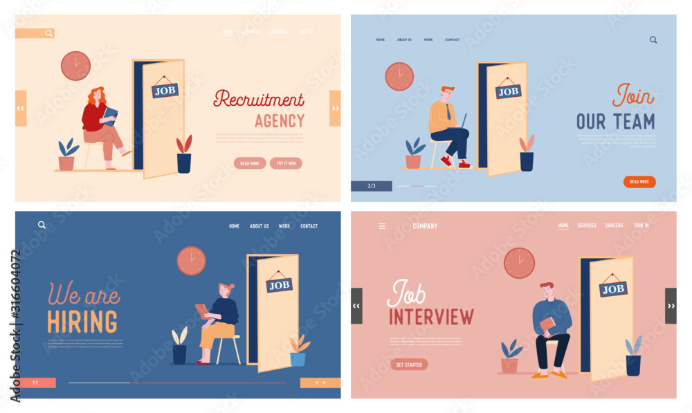 People Waiting Job Interview Website Landing Page Set. Applicants with Cv Documents Hiring Work. Candidates near Cabinet for Appointment Web Page Banner. Cartoon Flat Vector Illustration, Line Art