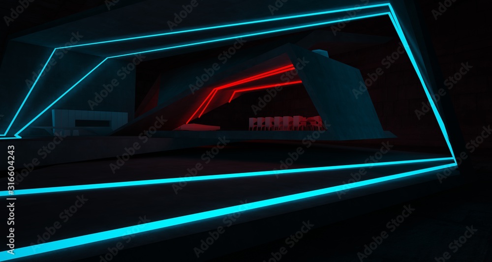 Abstract architectural concrete interior of a minimalist house with colored neon lighting. 3D illustration and rendering. Abstract architectural concrete interior of a minimalist house with colored neon lighting. 3D illustration and rendering.