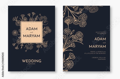 set modern floral outline hand drawn luxury wedding invitation design or card templates for wedding or fashion or greeting with carnation flower texture elegant background bundle vector illustration
