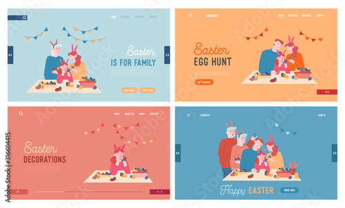 Happy Family in Rabbit Ears Prepare for Easter Holiday Celebration Website Landing Page Set. People Painting Eggs, Spend Time Together Web Page Banner. Cartoon Flat Vector Illustration, Line Art