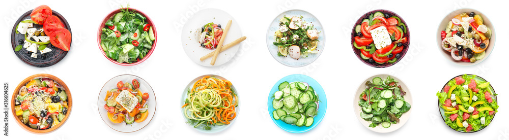 Set of different tasty salads on white background - obrazy, fototapety, plakaty 