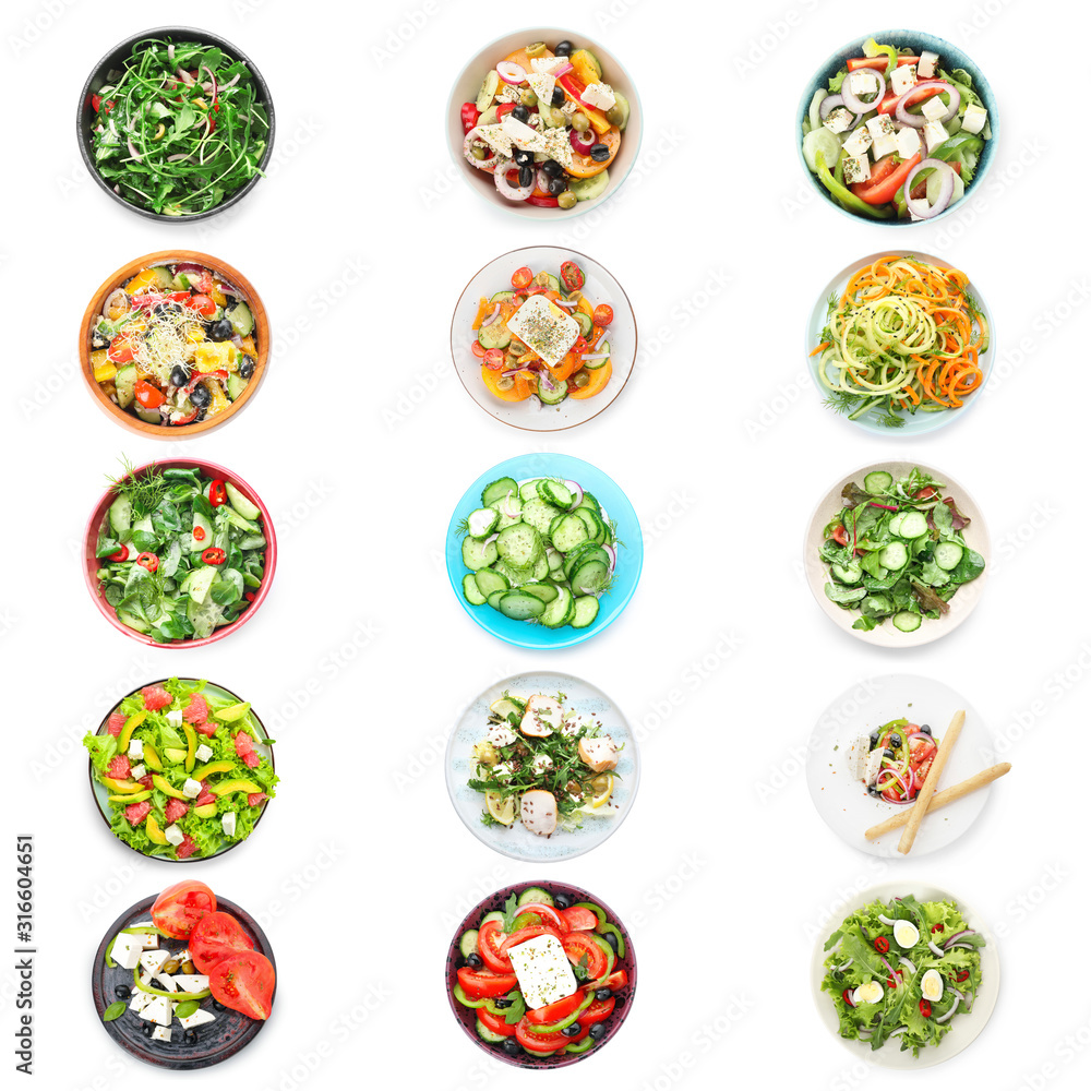 Set of different tasty salads on white background Set of different tasty salads on white background