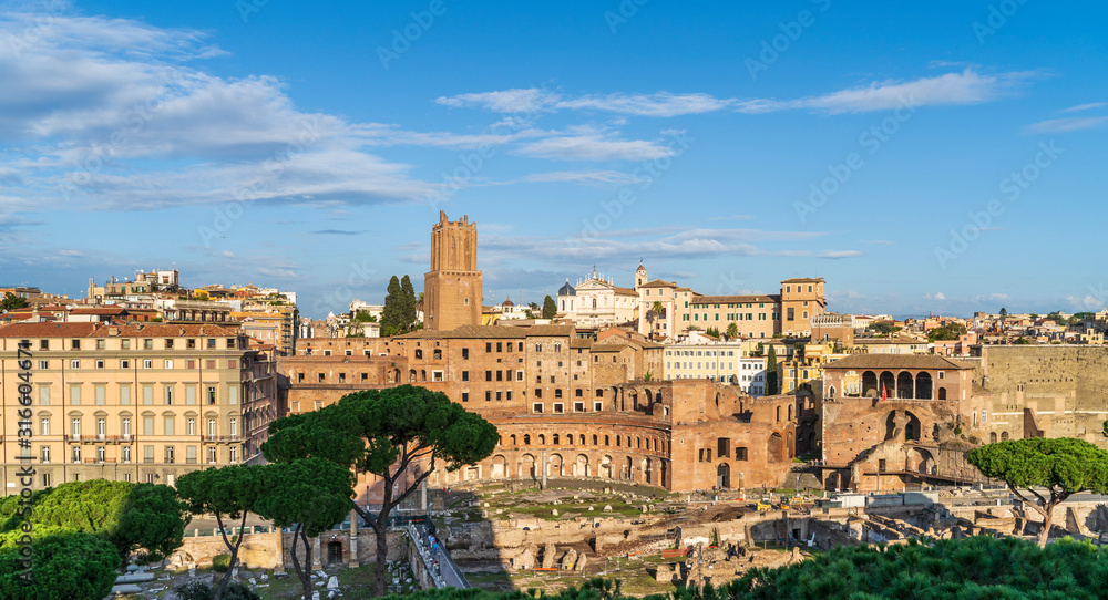 Ancient ruins of Trajan Forum or Foro Traiano in Rome, Italy. View from above.