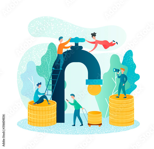 The team of employees opens a tap from which money falls to the office worker with cart