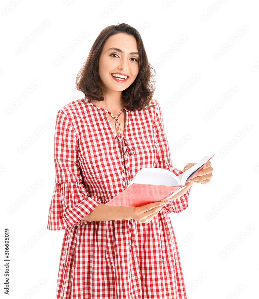 Beautiful young woman reading book on white background Beautiful young woman reading book on white background