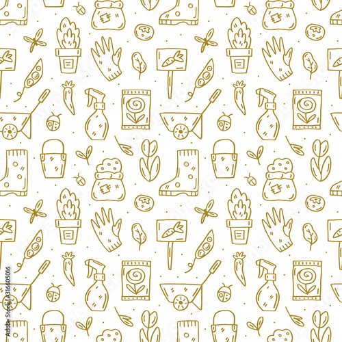 Gardening vector doodle line art seamless pattern, texture, background. Elegant golden design elements on white background. Gardening tools, plants, herbs, leaves, gardening clothes icons together.