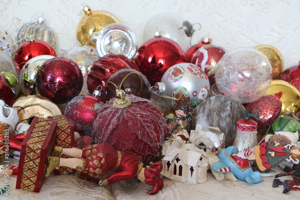 Fototapeta premium Vintage Christmas tree ornaments and lights from the '50s. Christmas and winter holiday concept.