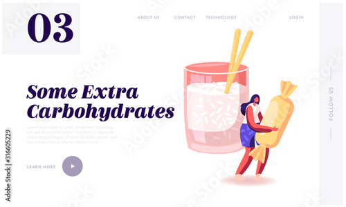 Good and Bad Carbohydrate Resources Website Landing Page. Products with High and Low Glucose Level. Woman Hold Huge Sweet near Glass with Chia Seeds Web Page Banner. Cartoon Flat Vector Illustration