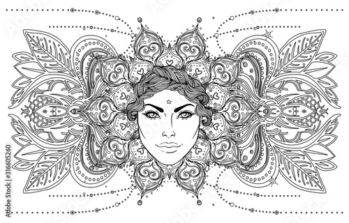 Tribal Fusion Boho Goddess. Beautiful divine diva girl with ornate crown, kokoshnik inspired. Bohemian goddess. Hand drawn elegant illustration. Lotus flower, ethnic art, patterned Indian paisley.