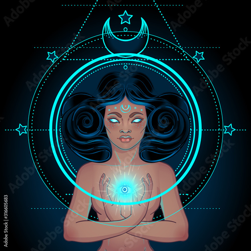 African American magic woman holding all seeing eye with rays. Vector Illustration. Mysterious black girl over sacred geometry symbols and wings. Alchemy, religion, spirituality, occultism, tattoo art