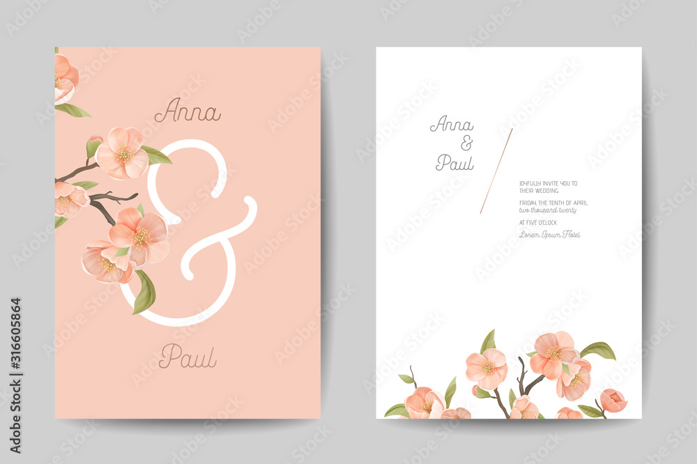 Wedding Invitation. Floral Cute Cards Front and Back Side Design Set. Pink Cherry Flowers, Leaves and Branch Decoration, Invite Poster Banner Flyer Brochure Template. Cartoon Flat Vector Illustration