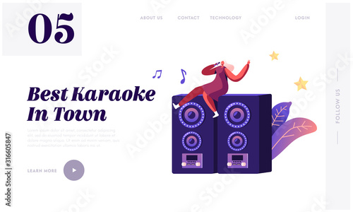 Entertainment Leisure and Recreation Hobby Website Landing Page. Woman Sitting on Huge Dynamics on Stage with Microphone Singing Song at Karaoke Bar Web Page Banner. Cartoon Flat Vector Illustration