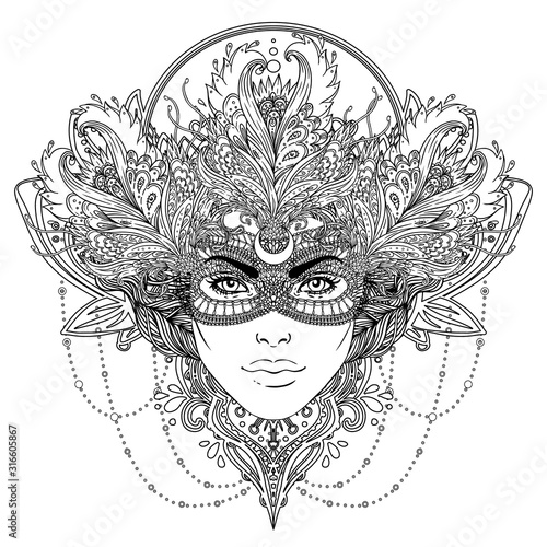 Tribal Fusion Boho Goddess. Beautiful divine diva girl with ornate crown, kokoshnik inspired. Bohemian goddess. Hand drawn elegant illustration. Lotus flower, ethnic art, patterned Indian paisley.