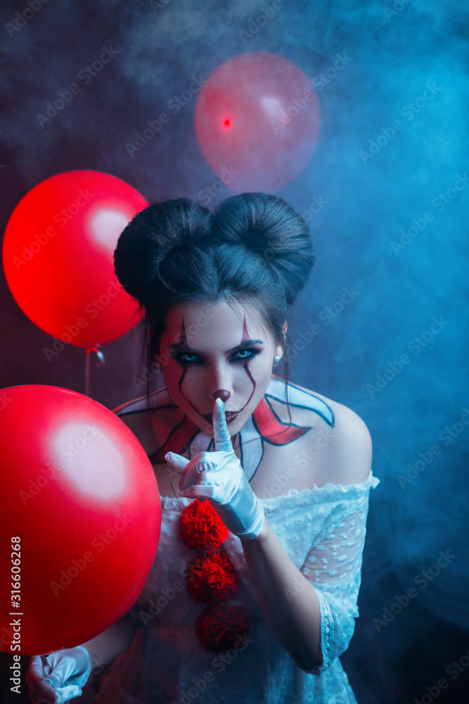 Young modern woman clown old costume creative bright art makeup ...