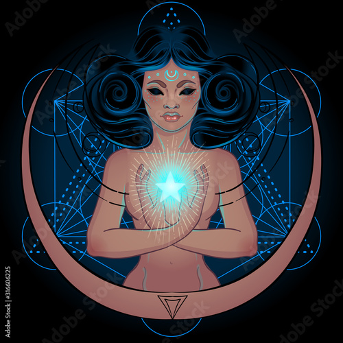 African American magic woman holding all seeing eye with rays. Vector Illustration. Mysterious black girl over sacred geometry symbols and wings. Alchemy, religion, spirituality, occultism, tattoo art