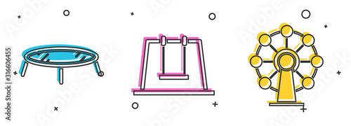 Set Jumping trampoline, Swing and Ferris wheel icon. Vector
